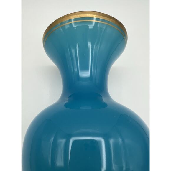 French Blue Opaline Glass Vase Baluster Shape & Flare Rim with Gold Band 8.25” - Picture 11 of 12
